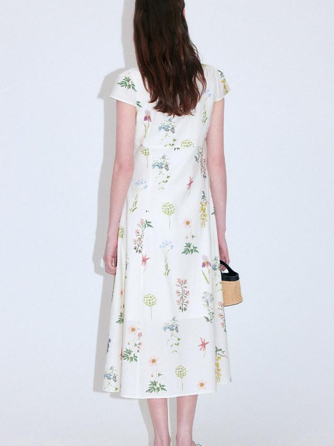 fano Cotton High Waist A Line V-neck Short Sleeve Floral Ivory Korean Maxi Dresses