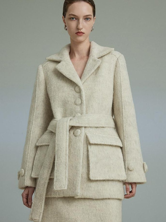 unspoken Porcelain White Wool Blend Minimal Office Single Breasted Notch Top & Skirt Sets