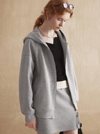 fano Hooded Zip Cotton Blend Loose Fit Minimalist Commuter Gray Top & Skirt Sets