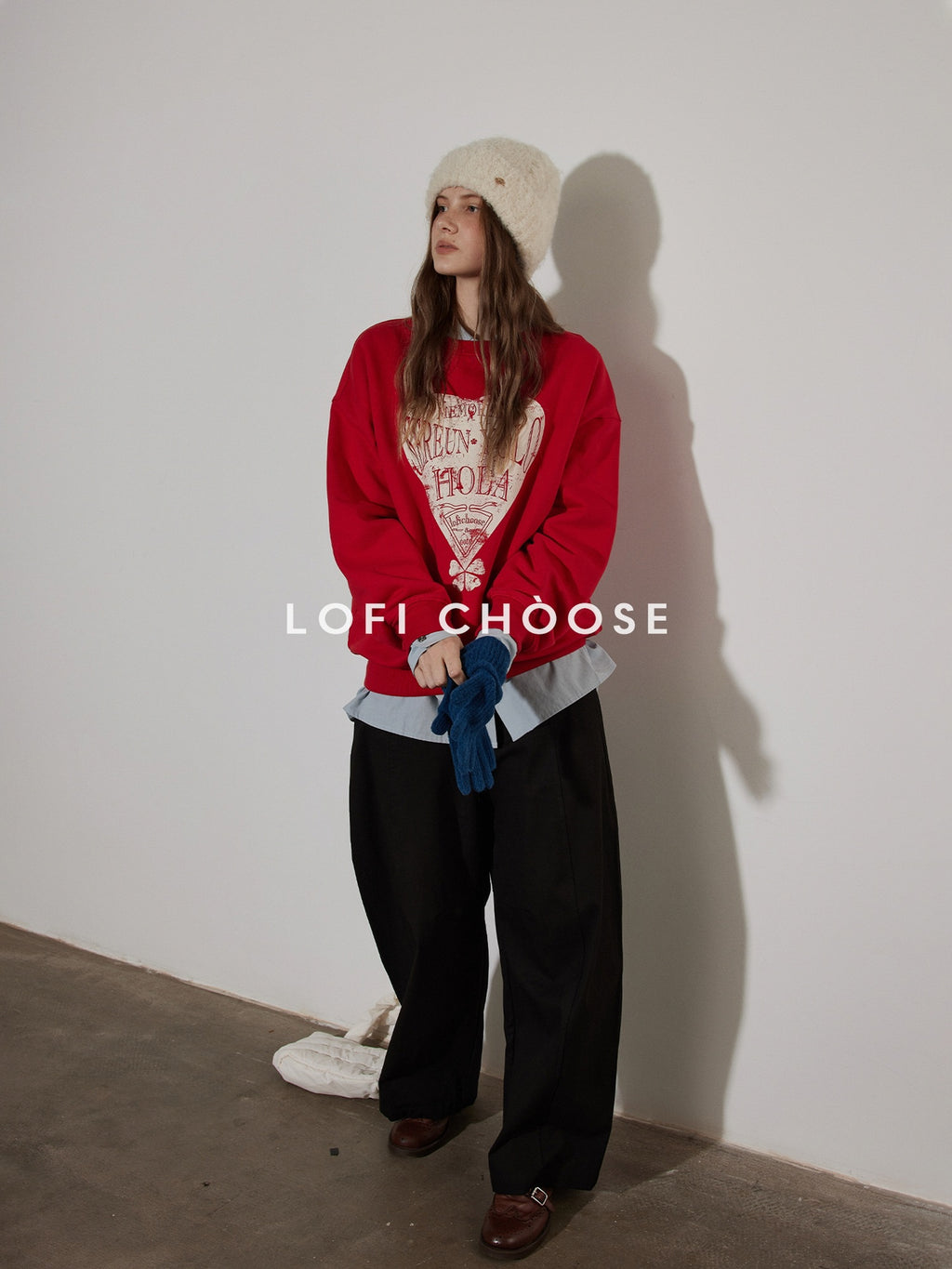 Lofi choose Fleece Lined Loose Fit Crewneck Pullover Commuter Red Navy Sweatshirt