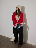 Lofi choose Fleece Lined Loose Fit Crewneck Pullover Commuter Red Navy Sweatshirt