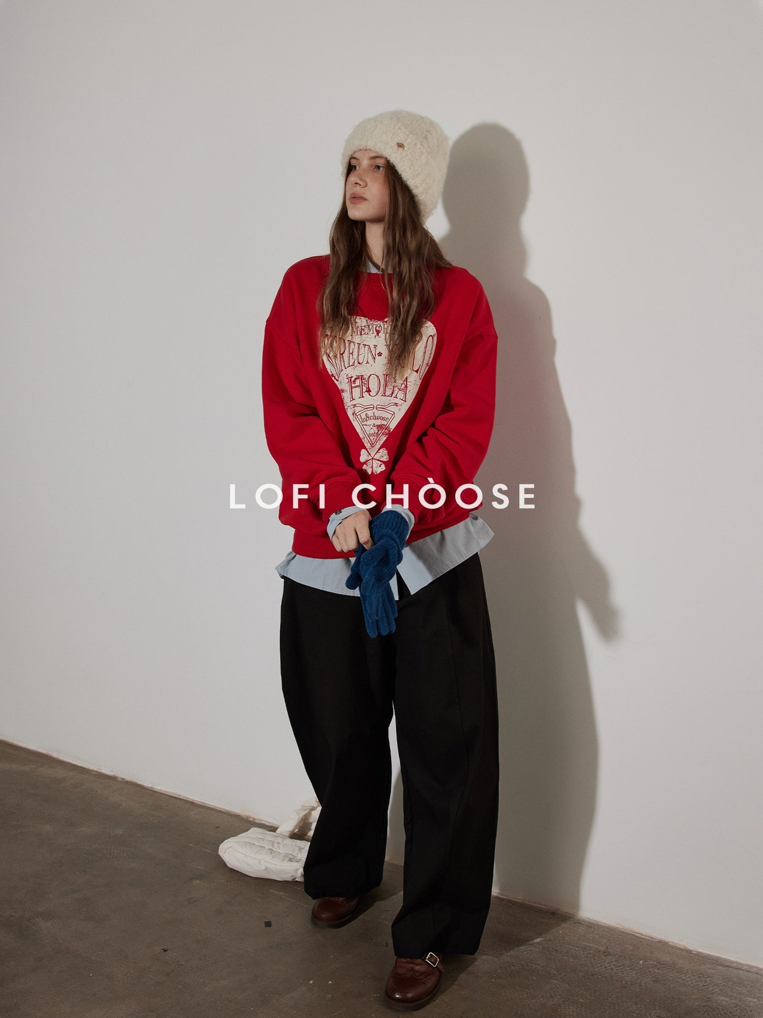 Lofi choose Fleece Lined Loose Fit Crewneck Pullover Commuter Red Navy Sweatshirt
