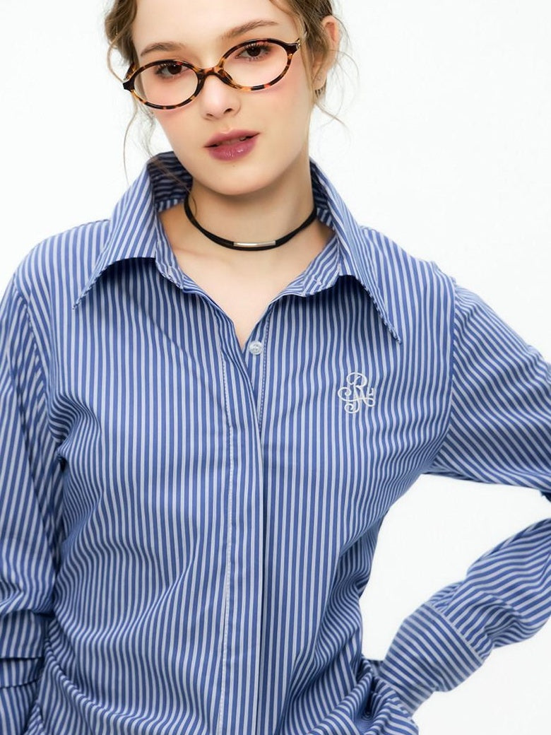ikyou Embroidered Striped Slim Fit Commuter Long Sleeve Collared Cotton Shirts
