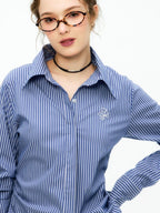 ikyou Embroidered Striped Slim Fit Commuter Long Sleeve Collared Cotton Shirts