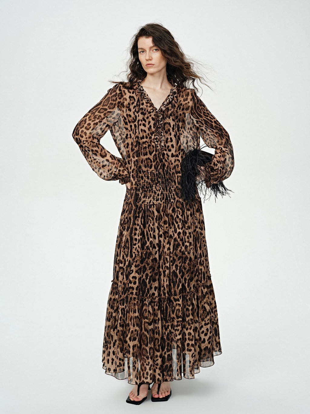 audreyyang Silk Blend Leopard Print A Line Fitted Waist Long Sleeve Vacation Maxi Dresses