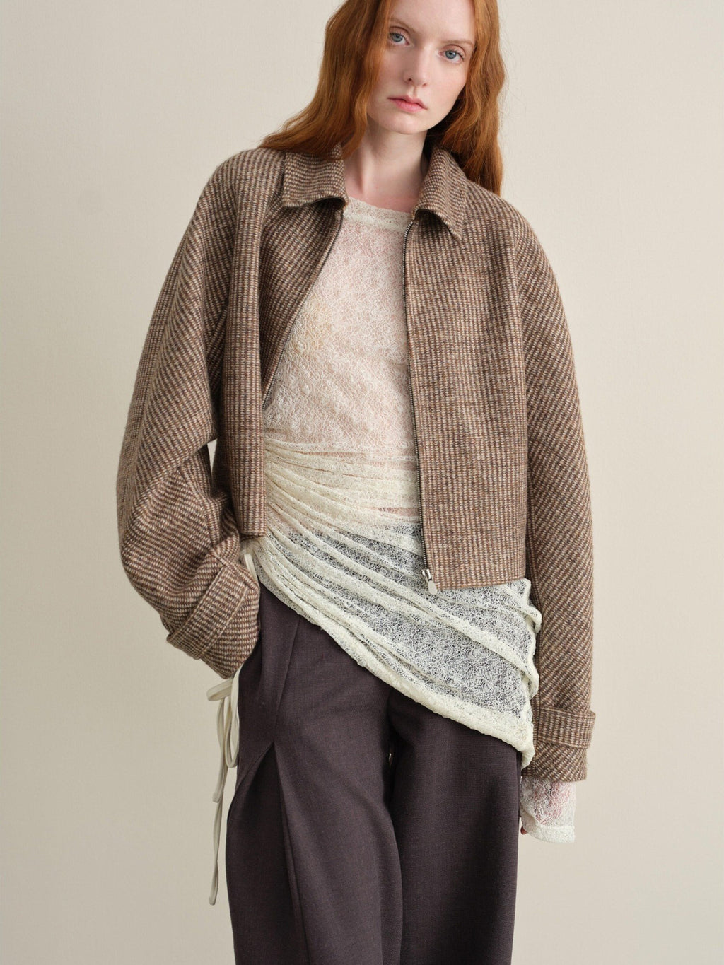 someone sometimes Wool Blend Retro Loose Zip Lapel Long Sleeve Women Multicolor Cropped Jackets