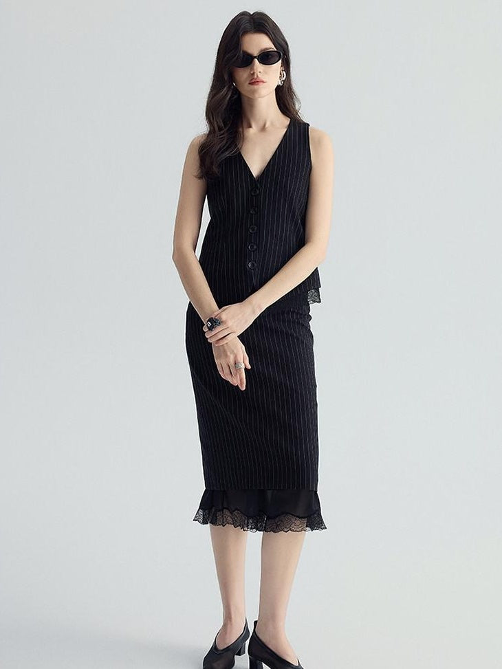 audreyyang Padded V-neck Striped Cropped Commuter Strap Women Black Single Button Vests