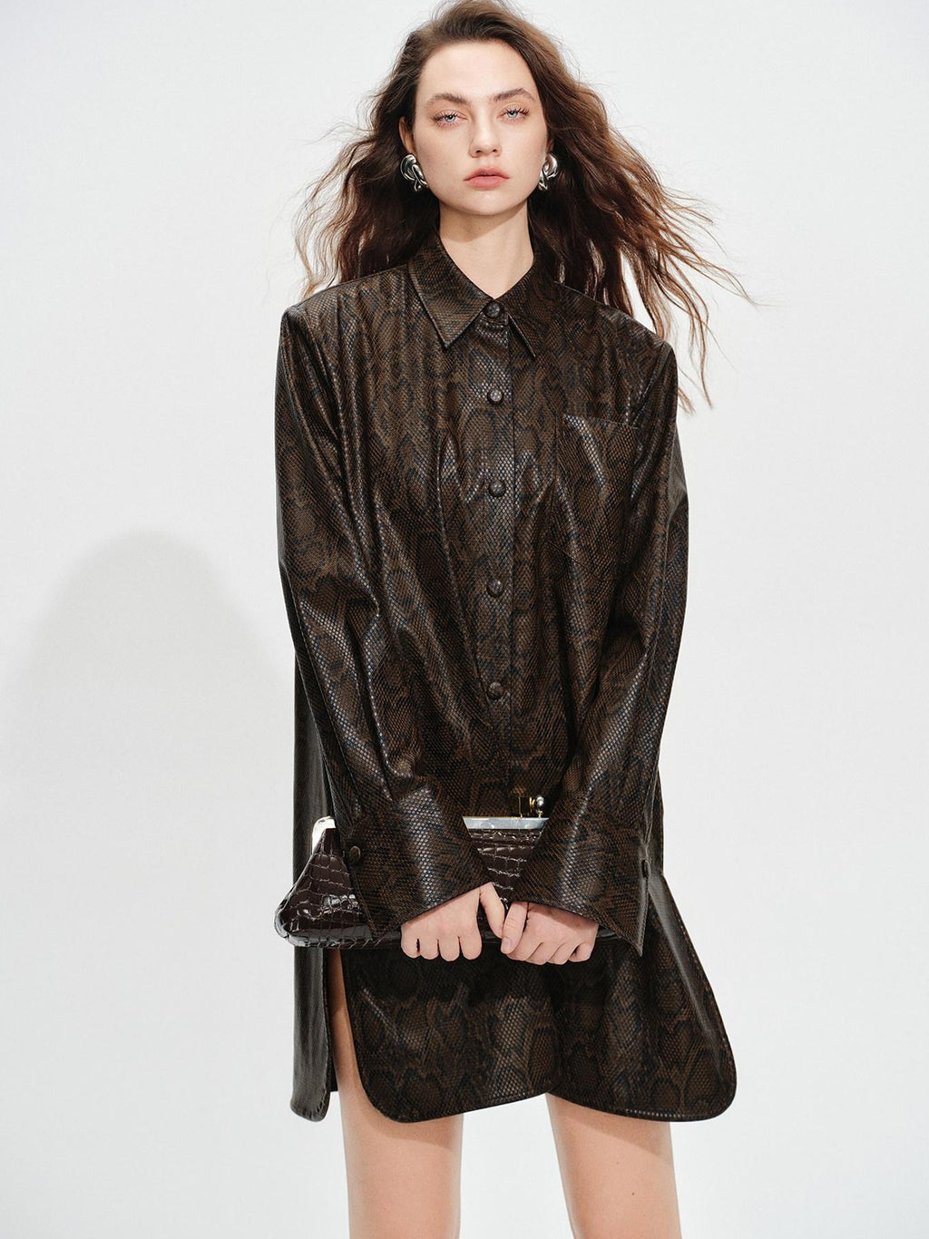 audreyyang Detachable Vintage Snake Print Pu Midlength Relaxed Womens Lapel Leather Jackets