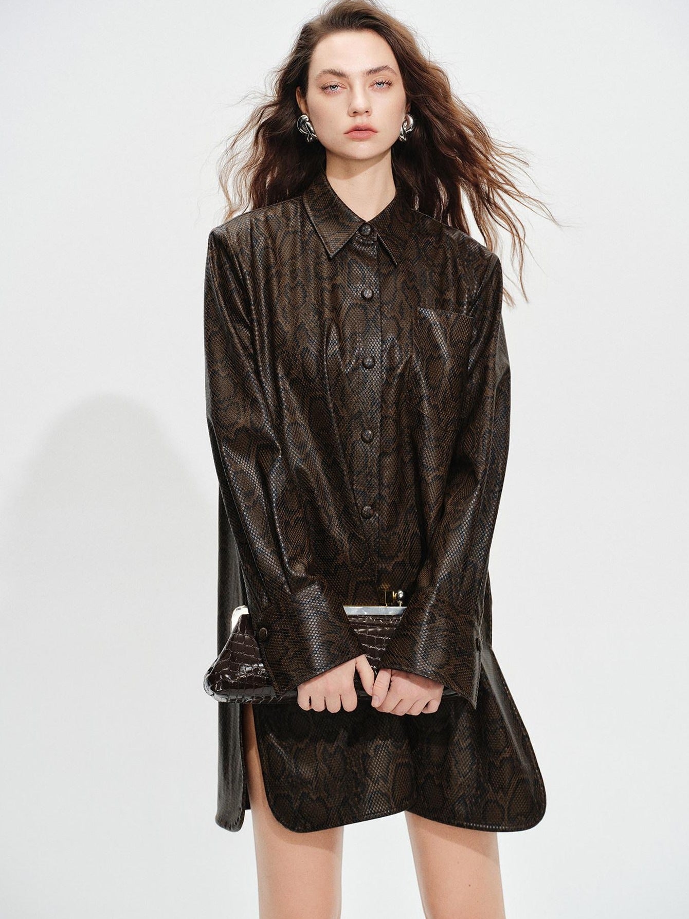 audreyyang Detachable Vintage Snake Print Pu Midlength Relaxed Womens Lapel Leather Jackets