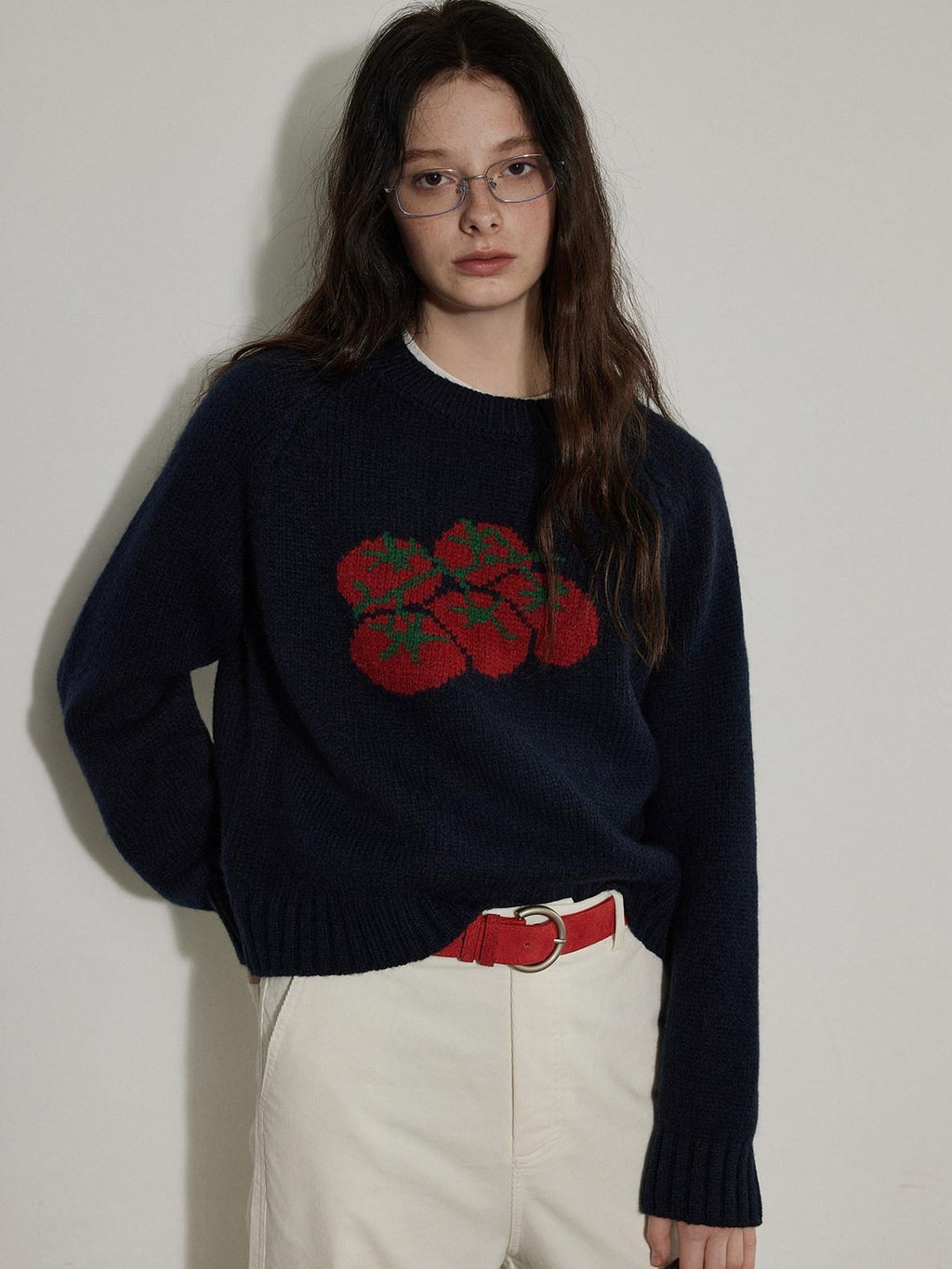 Lofi choose Cozy Crew Neck Loose Fit Office Knit Pullover Off White Navy Sweaters