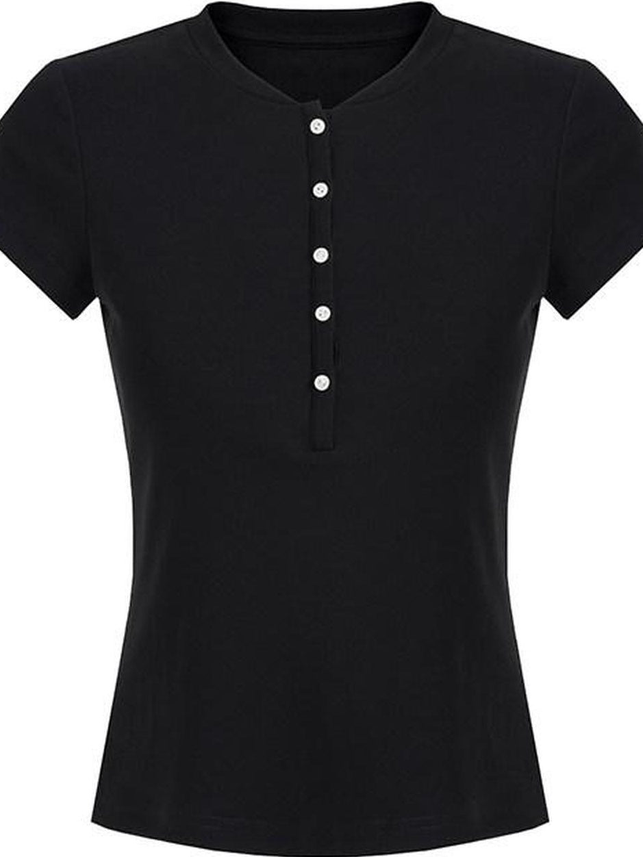 fano Black Slim Fit Half Collar Button Commuter Women Lyocell Short Sleeve T-Shirts