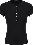 fano Black Slim Fit Half Collar Button Commuter Women Lyocell Short Sleeve T-Shirts