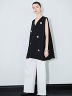audreyyang Original Beaded Loose V-neck Mid Length Open Front Women Polyester Vests