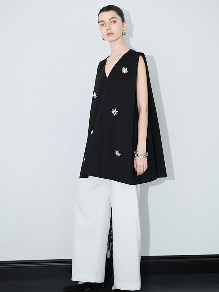 audreyyang Original Beaded Loose V-neck Mid Length Open Front Women Polyester Vests