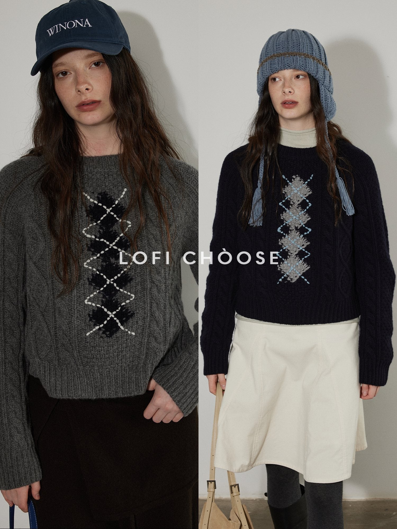 Lofi choose Soft Acrylic Crewneck Loose Fit Diamond Pattern Commuter Knitwear Sweaters