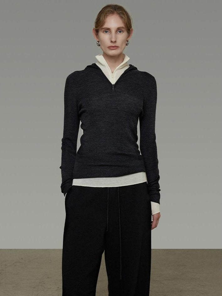 unspoken Pure Wool Soft V-neck Hooded Slim Fit Commuter Women Knit Sweaters