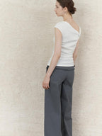 someonesometimes Lightweight Ruched Asymmetric Cropped Slim Fit Pure White Short Sleeve T-Shirts