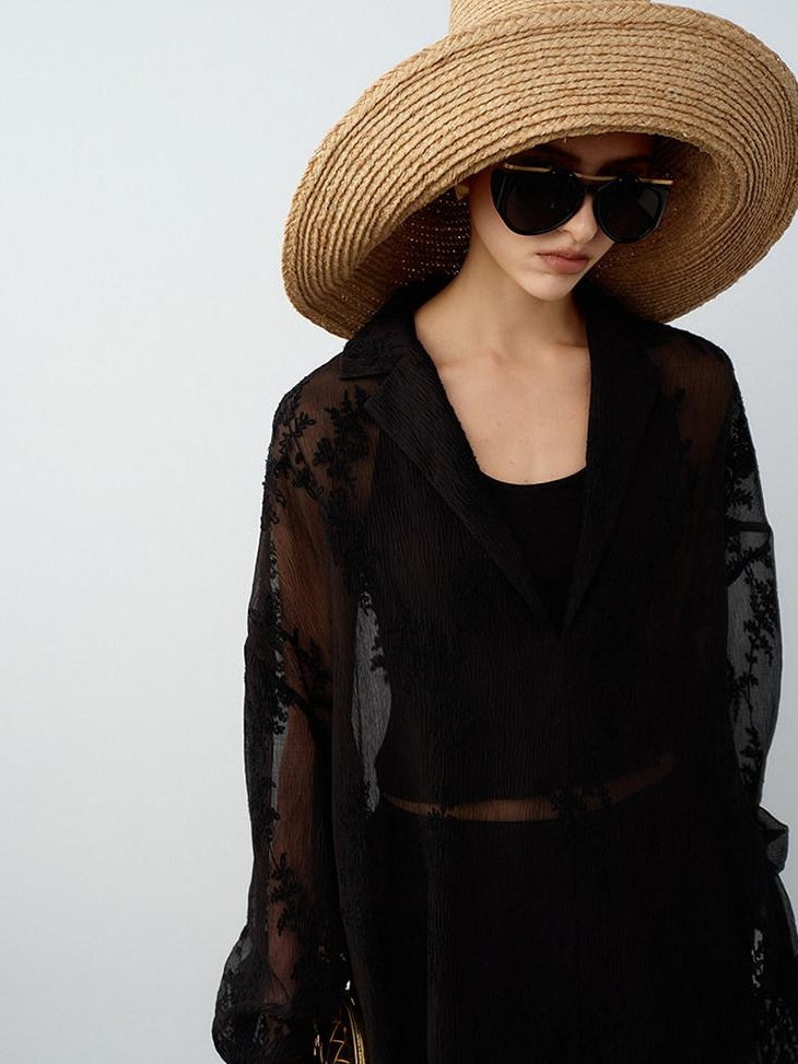 audreyyang Chic Two Piece Polyester V-neck Long Sleeve Set Women Black White Wide Leg Pants