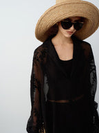 audreyyang Chic Two Piece Polyester V-neck Long Sleeve Set Women Black White Wide Leg Pants
