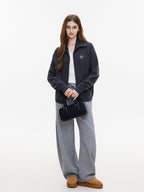 ikyou Warm Wool Blend Stand Collar Zip Loose Commuter Knit Women Deep Gray Cardigans