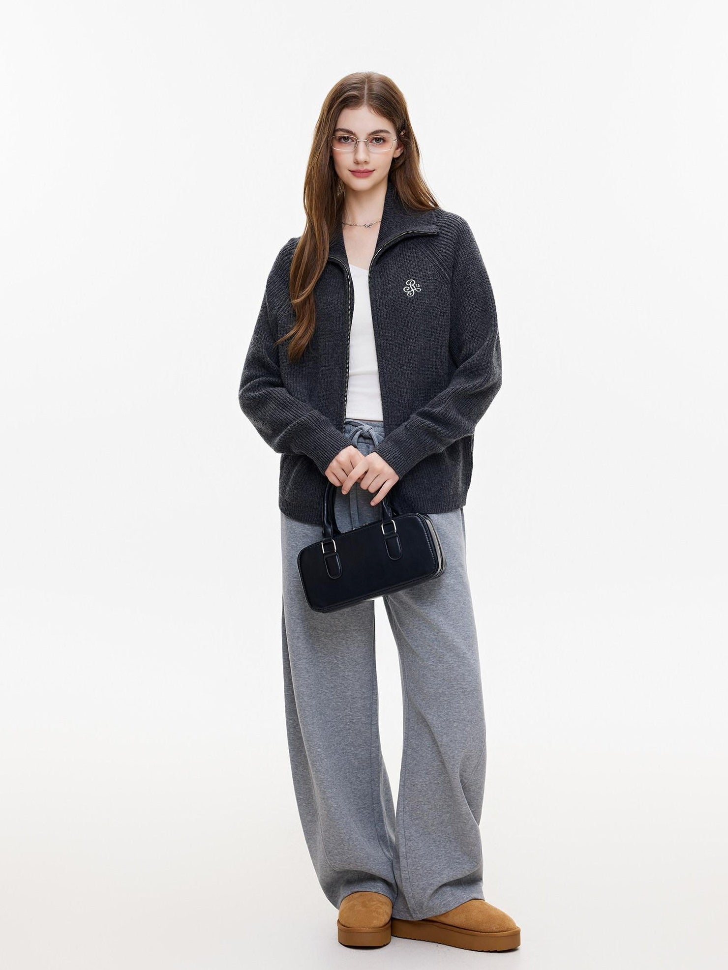 ikyou Warm Wool Blend Stand Collar Zip Loose Commuter Knit Women Deep Gray Cardigans