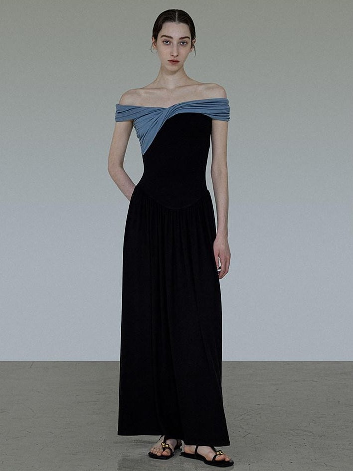 unspoken High Waist Colorblock V-neck A Line Viscose Knit Casual Women Maxi Dresses