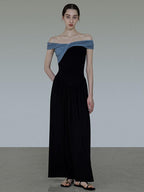 unspoken High Waist Colorblock V-neck A Line Viscose Knit Casual Women Maxi Dresses