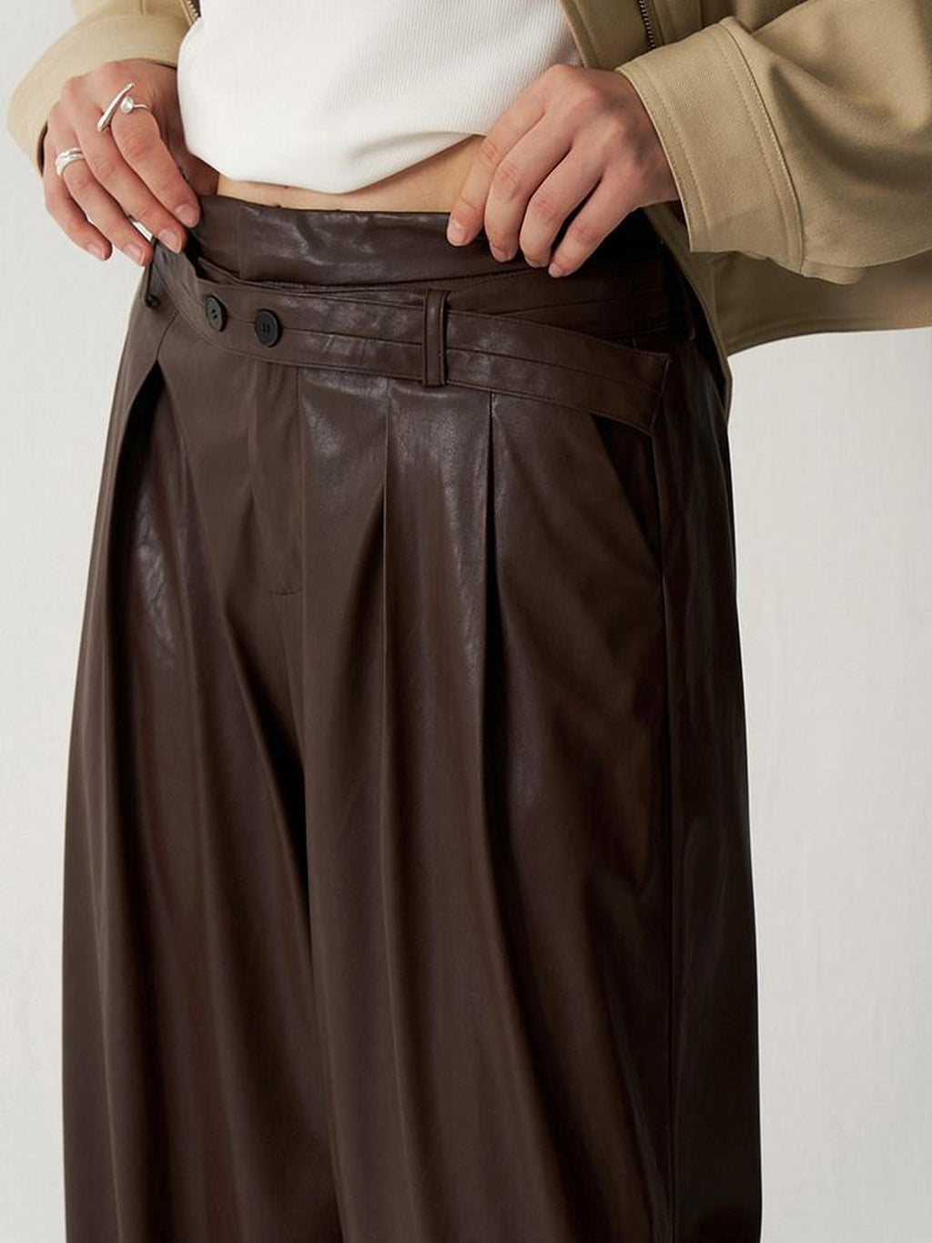 someone sometimes Sleek Pu High Waist Commuter Tailored Black Chestnut Wide Leg Pants