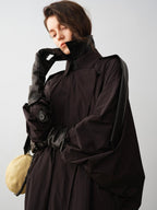 audreyyang Long Polyamide Patchwork Trench Decorative Tabs Women Black Trench Coats