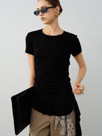 audreyyang Modal Cotton Ruched Commuter Slim Round Neck Womens Black Short Sleeve T-Shirts