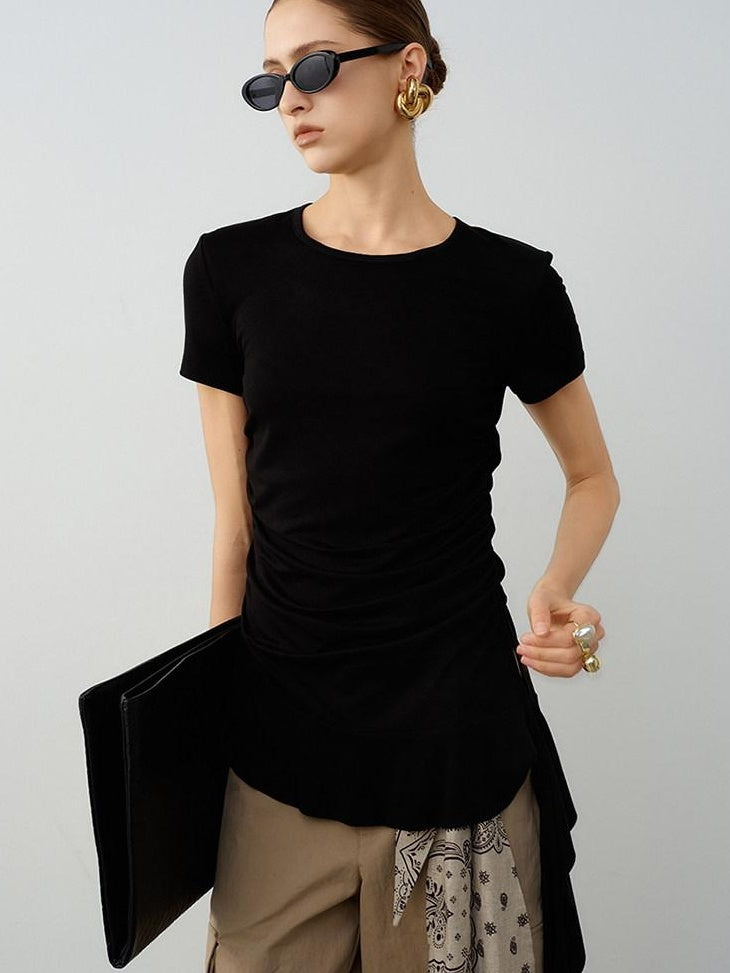 audreyyang Modal Cotton Ruched Commuter Slim Round Neck Womens Black Short Sleeve T-Shirts