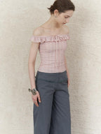 someonesometimes Lace Tie Slim Fit Short Solid Mauve Cream Daily Chic Off Shoulder Crop Tops
