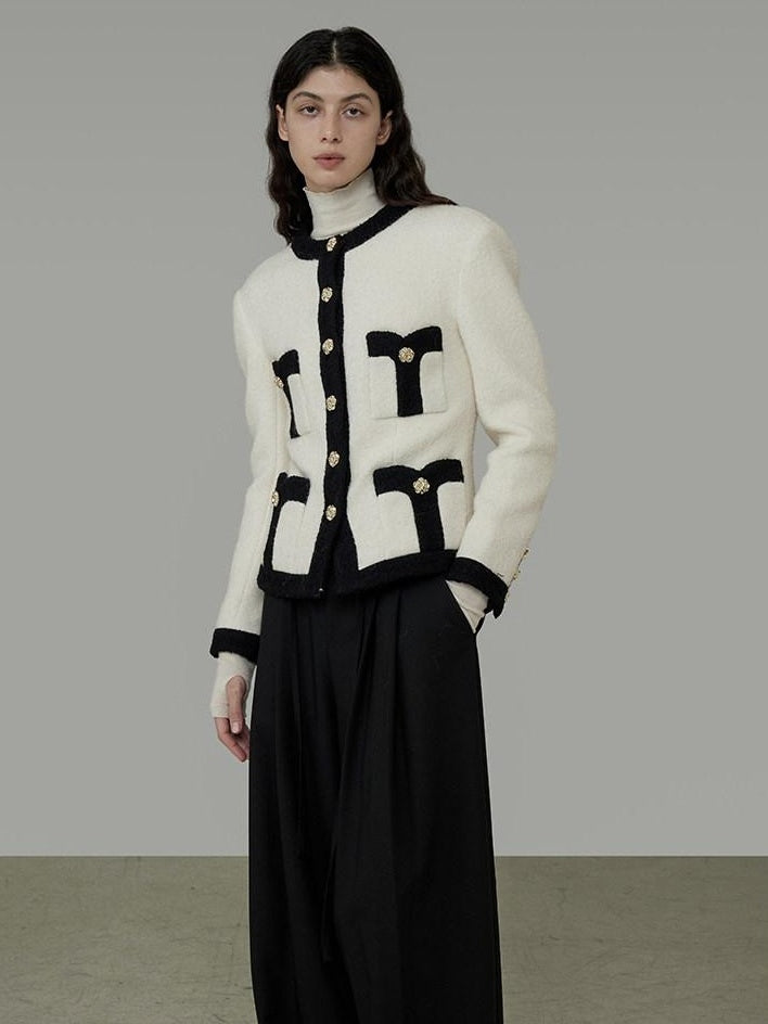 unspoken Black White Colorblock Office Loose Cropped Round Neck Buttoned Knit Cardigans