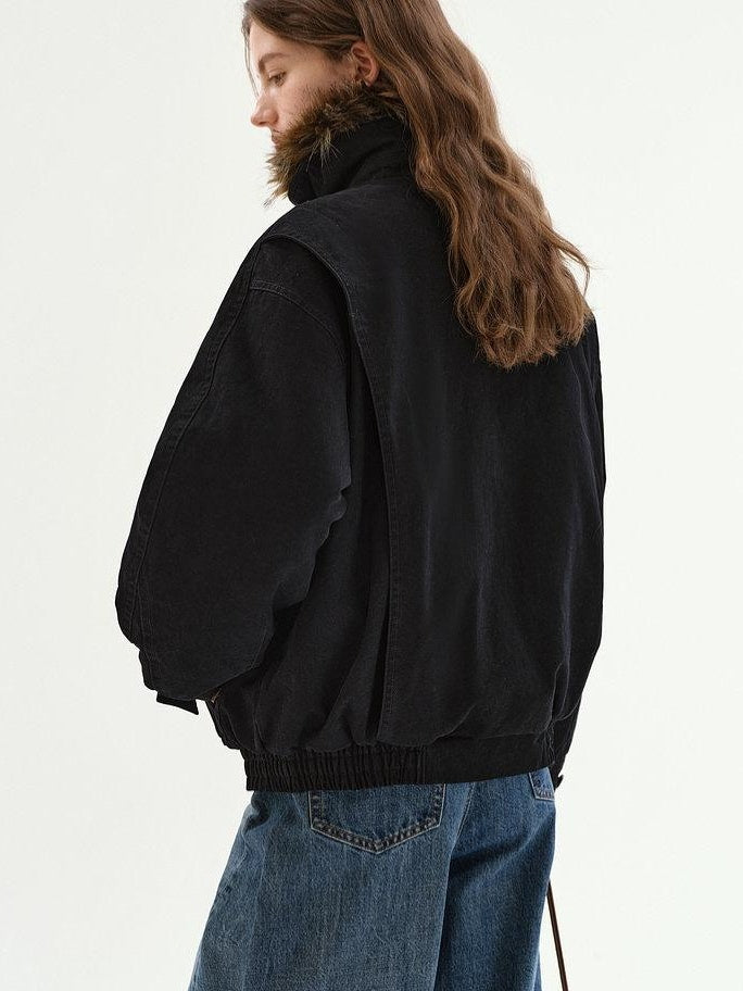 fano Warm 90% White Duck Down Fur Collar Loose High Waist Minimal Black Down Jackets