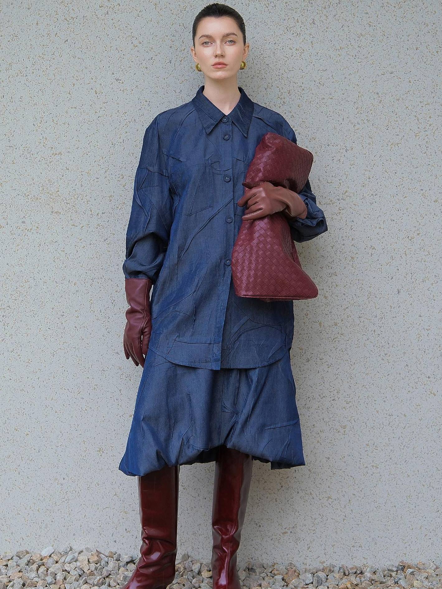 audreyyang Original Loose Pleated Faux Denim Collared Long Sleeve Girls Top & Skirt Sets