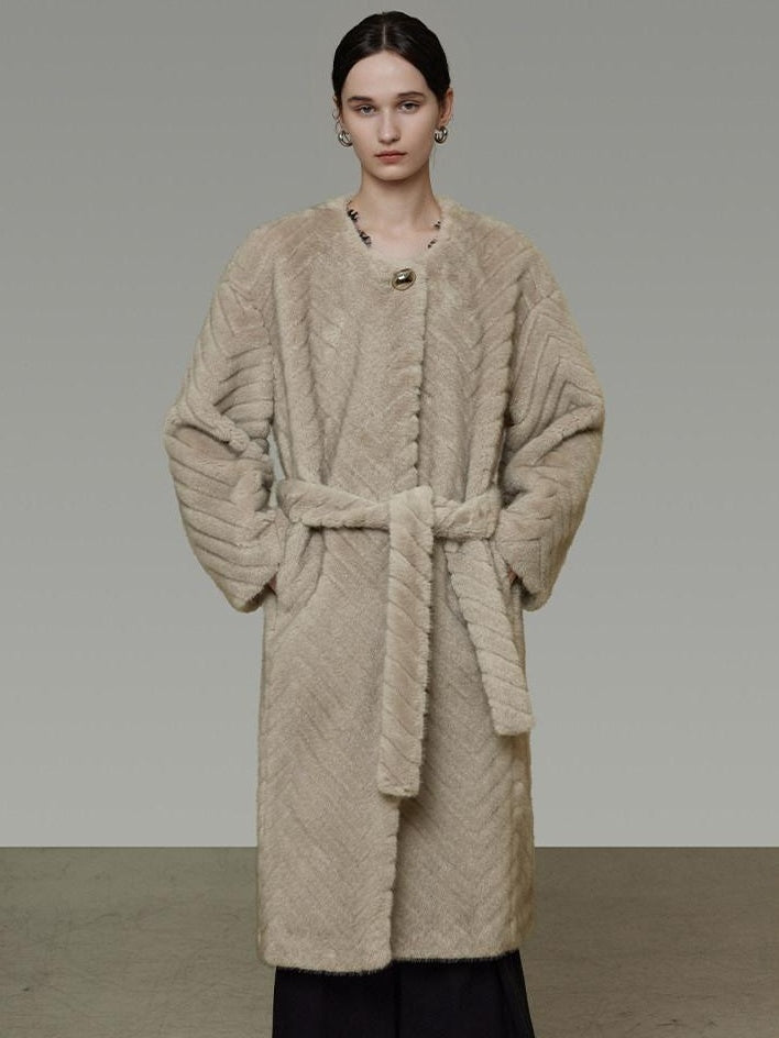 unspoken Warm Thick Beige Loose Fit Collarless Mid Length Commuter Women Long Coats