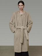 unspoken Warm Thick Beige Loose Fit Collarless Mid Length Commuter Women Long Coats