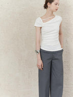 someonesometimes Lightweight Ruched Asymmetric Cropped Slim Fit Pure White Short Sleeve T-Shirts