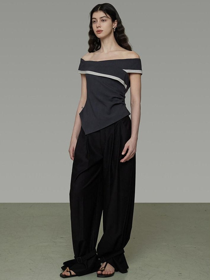 unspoken Slim Minimalist Colorblock Office Bardot Sleeveless Off Shoulder Crop Tops