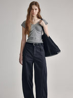 fano V-neck Drawstring Cotton Blend Minimal Straight Women Short Sleeve T-Shirts