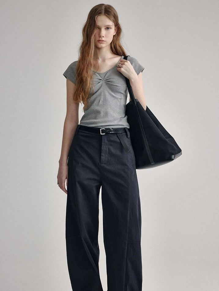 fano V-neck Drawstring Cotton Blend Minimal Straight Women Short Sleeve T-Shirts