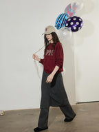 Lofi choose Embroidered Colorblock Loose Drop Shoulder Crewneck Female Cotton Sweatshirt