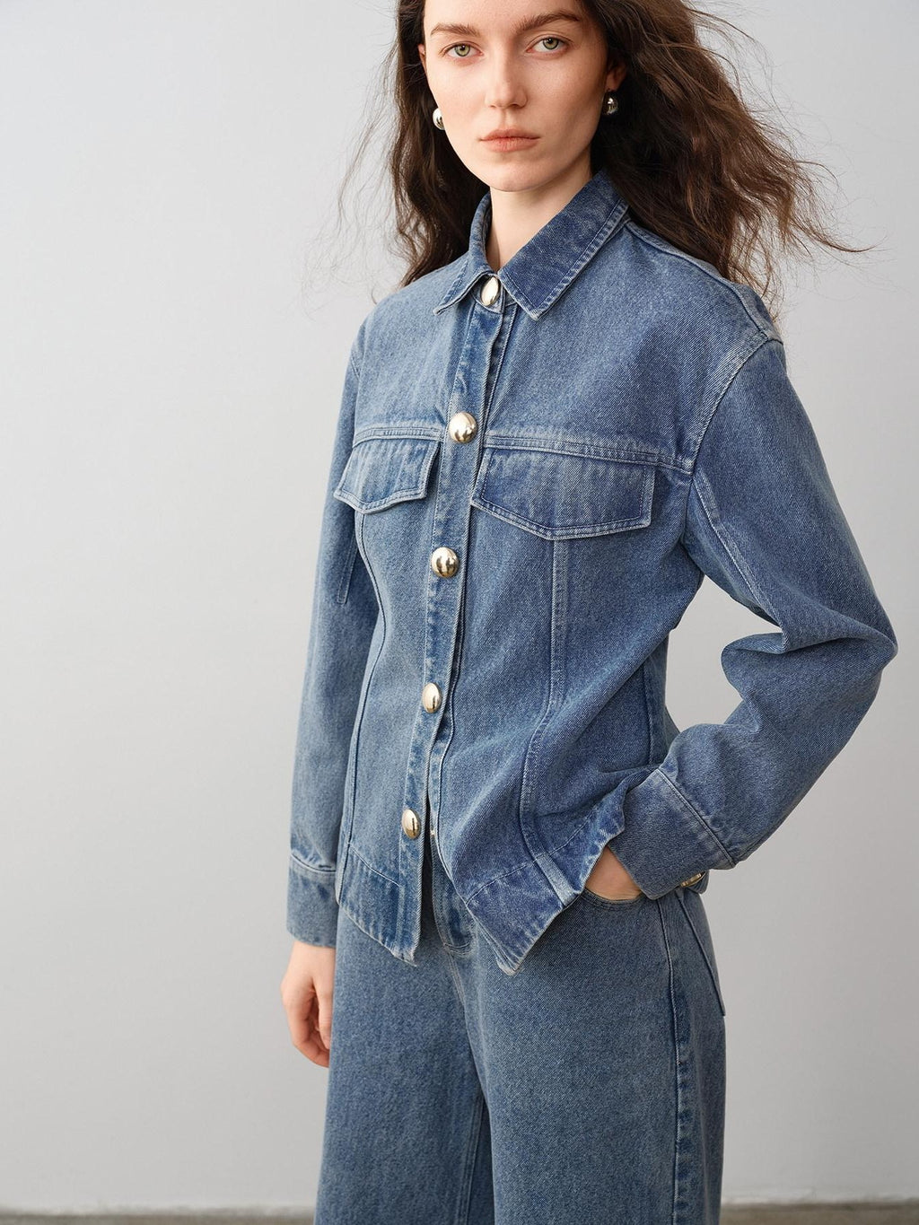 audreyyang 100% Cotton Vintage Loose Fit Button Long Sleeve Denim Women Top & Pants Sets