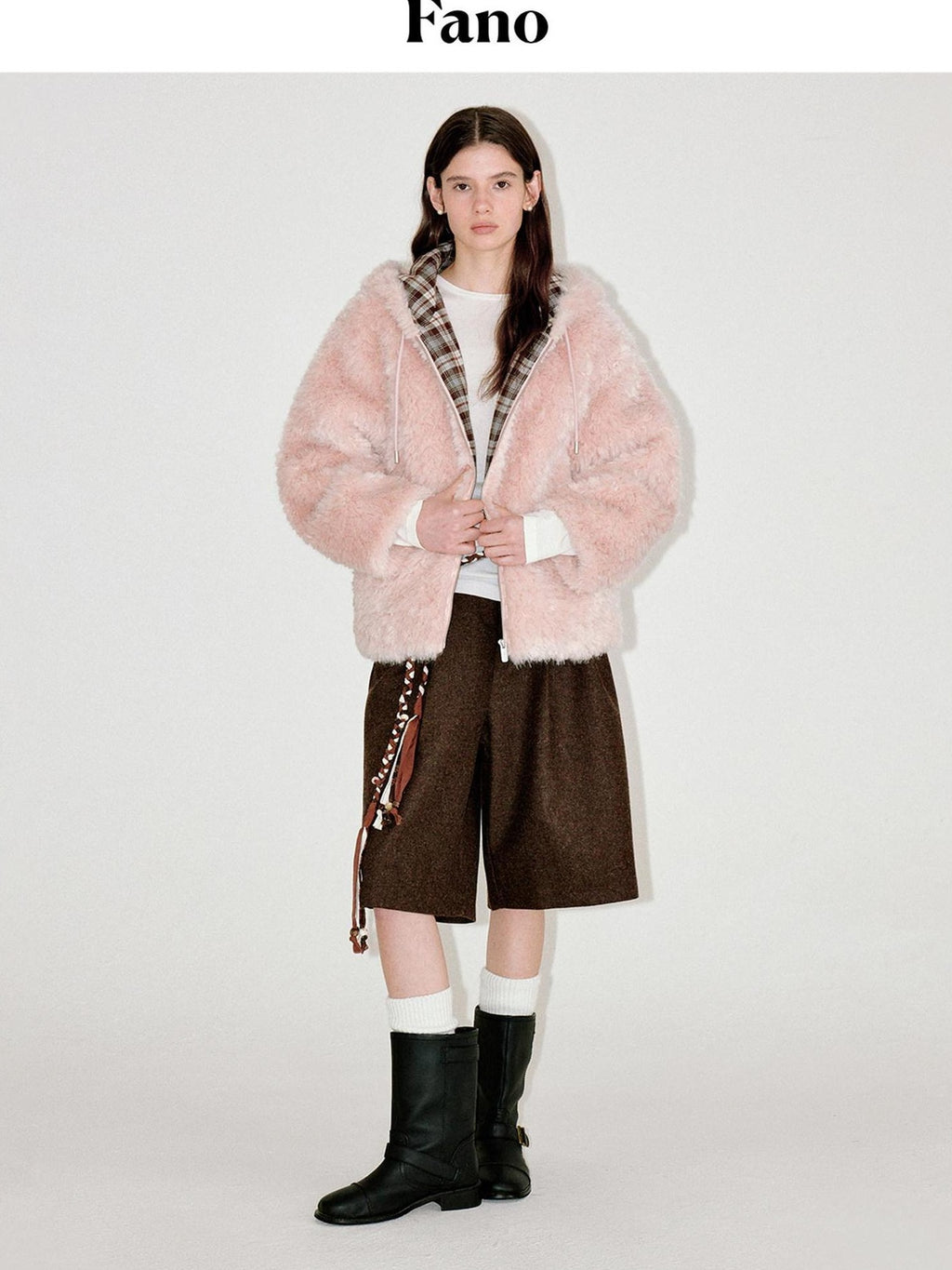 fano Cozy Lotus Pink Plaid Zip Closure Relaxed Loose Fit Womens Outerwear Long Coats