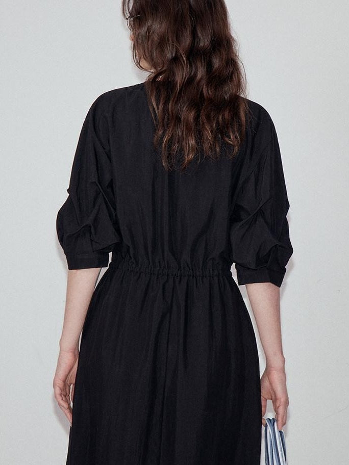 fano Flattering Tied Waist Workwear A Line V-neck Women Viscose Nylon Black Maxi Dresses