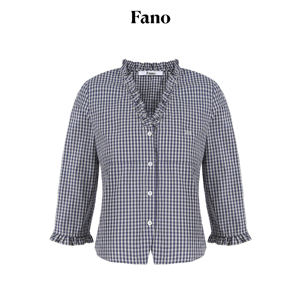 fano_Warm_Cotton_V-neck_Tie_Slim_Minimal_3_4_Sleeve_Blue_White_Check_Work_Blouses_MISSTT