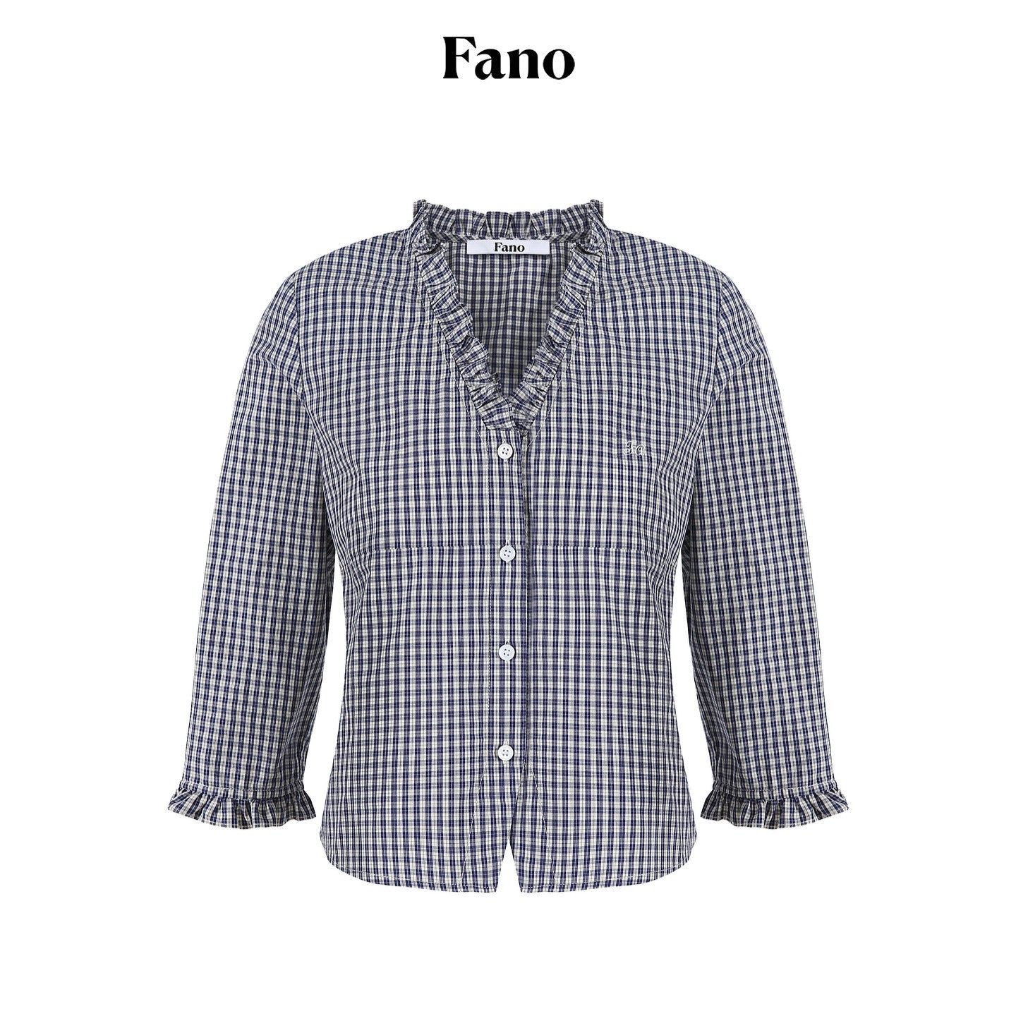 fano_Warm_Cotton_V-neck_Tie_Slim_Minimal_3_4_Sleeve_Blue_White_Check_Work_Blouses_MISSTT
