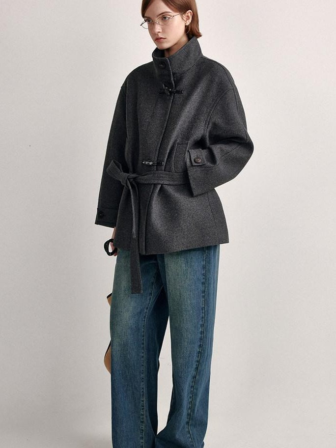 fano Minimal Commuter Straight Midlength Stand Collar Pocket Toggle Women Short Coat