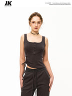ikyou Embroidered Cropped Slim Fit Workwear Cotton Stretch Dark Gray Women Tank Tops