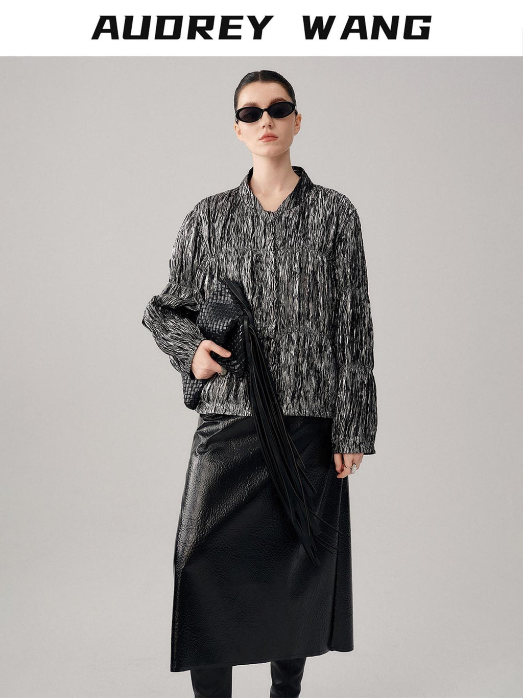 audreyyang Original Design Pleated Loose Fit Womens Cropped Silver Bomber Jackets